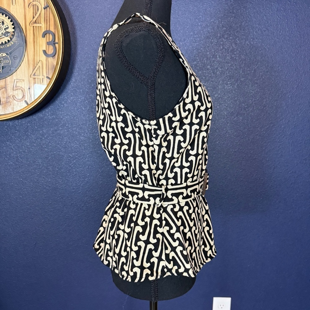 Monteau Black and Cream Geometric Belted Linen Blend Tank | Size Medium - Picture 5 of 8